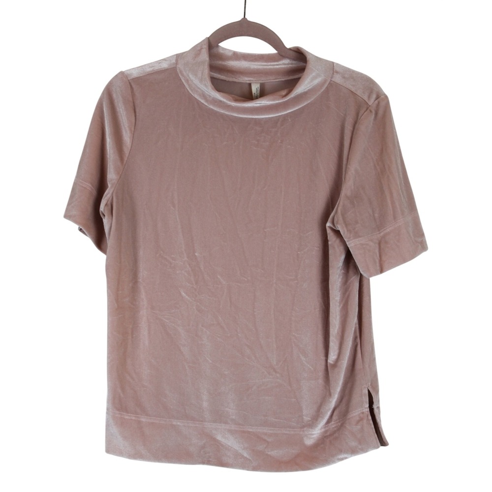 Anthropolgie Krisha Cozy Luxe Pink Velvet Mock Neck Short Sleeve Top M